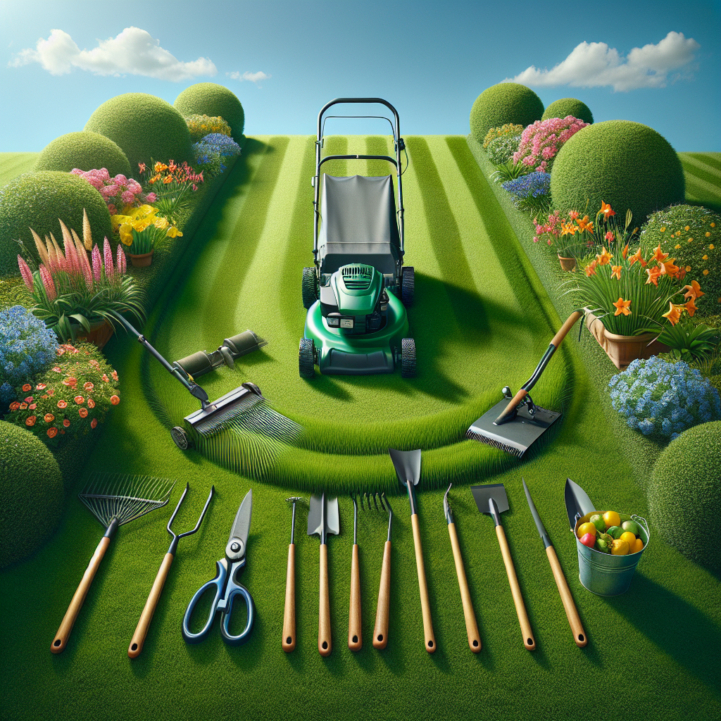 A beautifully maintained lawn with vibrant green grass and lawn care tools.