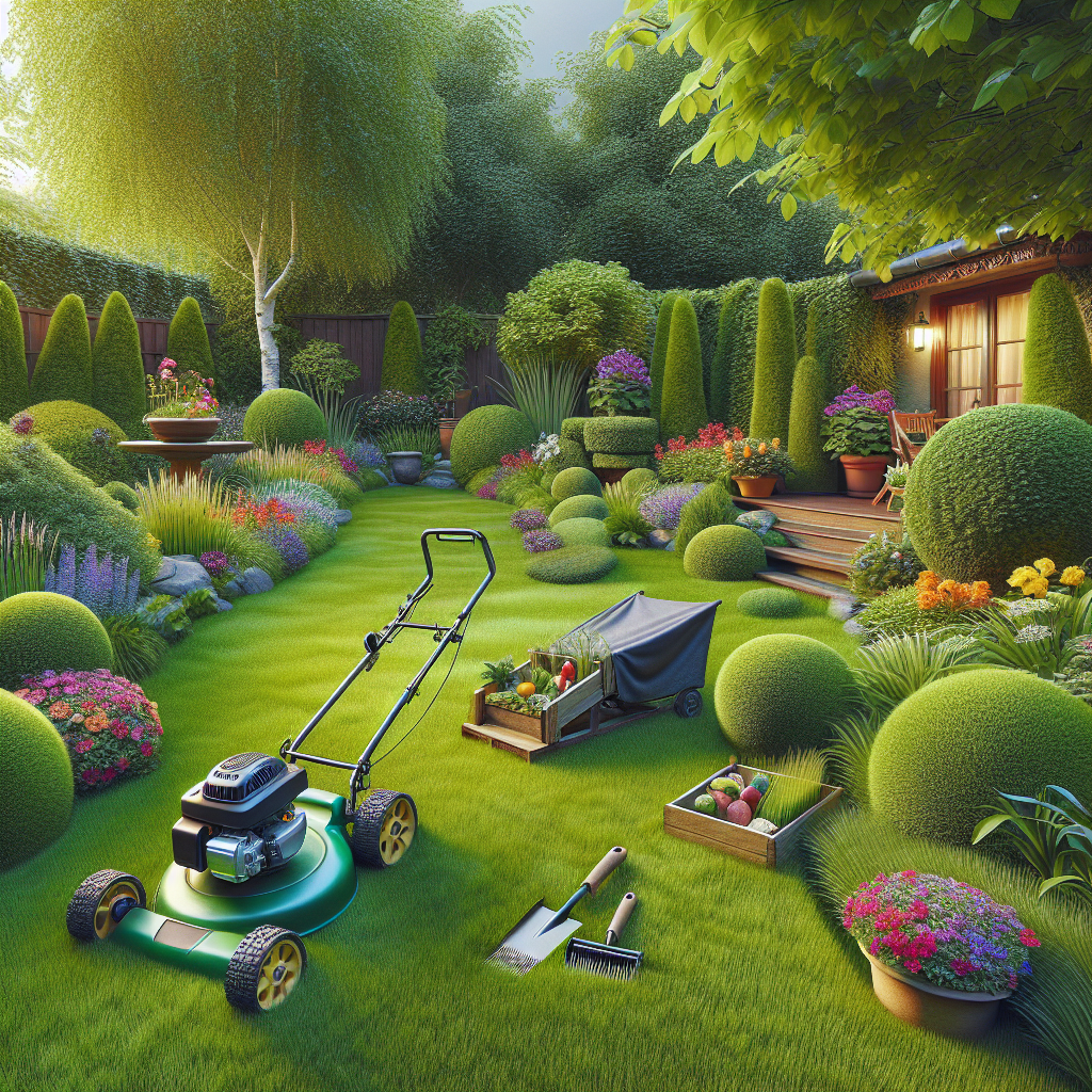 A realistic depiction of a well-maintained lawn with lawn care tools.