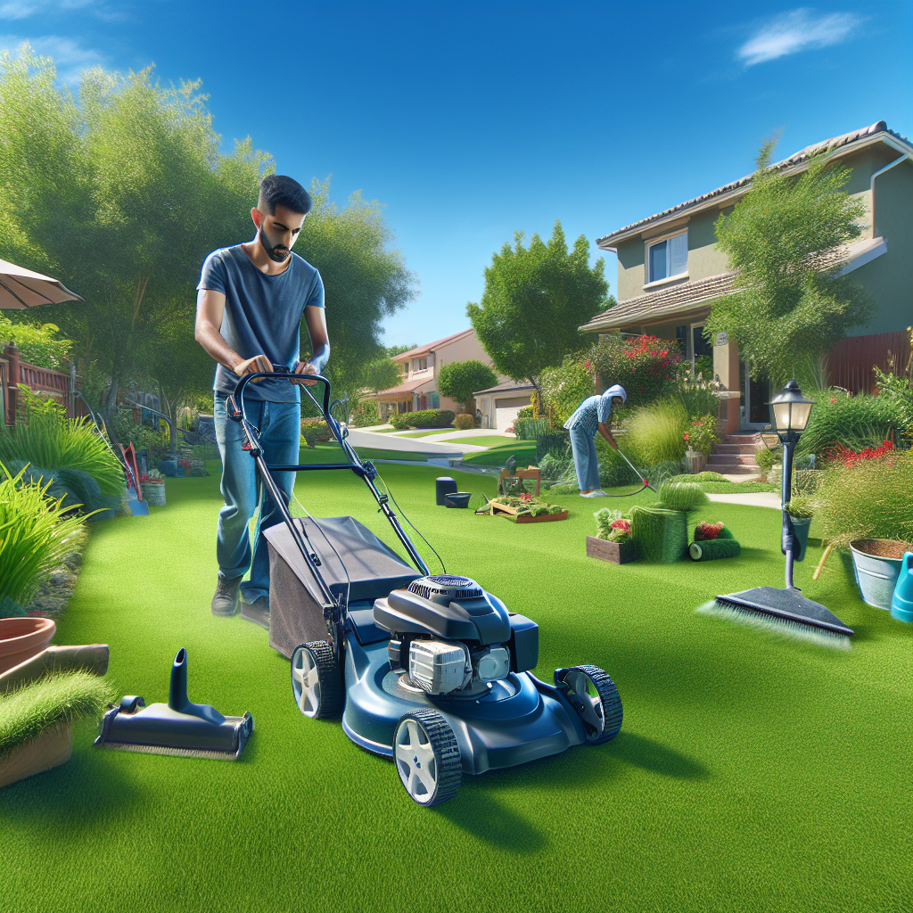 A well-maintained lawn with people engaged in lawn care activities on a sunny day.