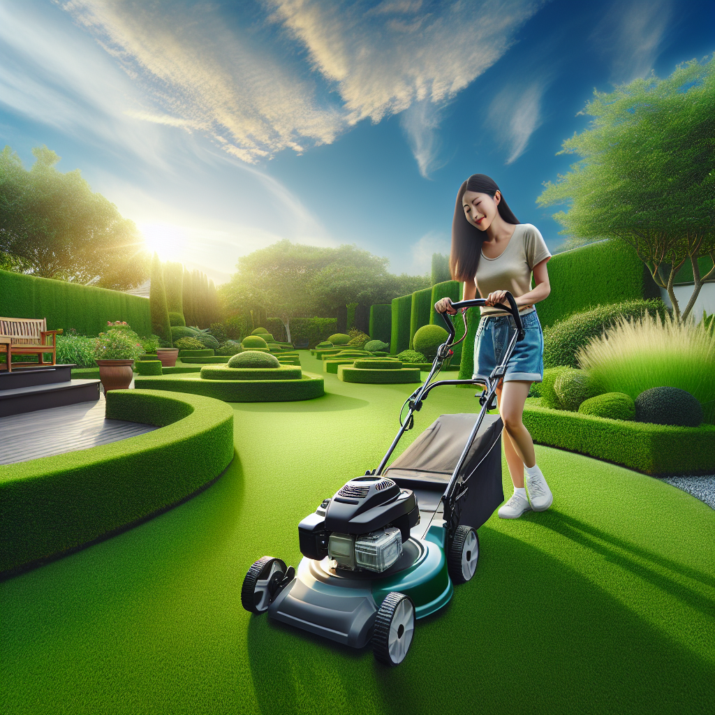 A realistic image of a person mowing a well-maintained lawn with a modern lawnmower.