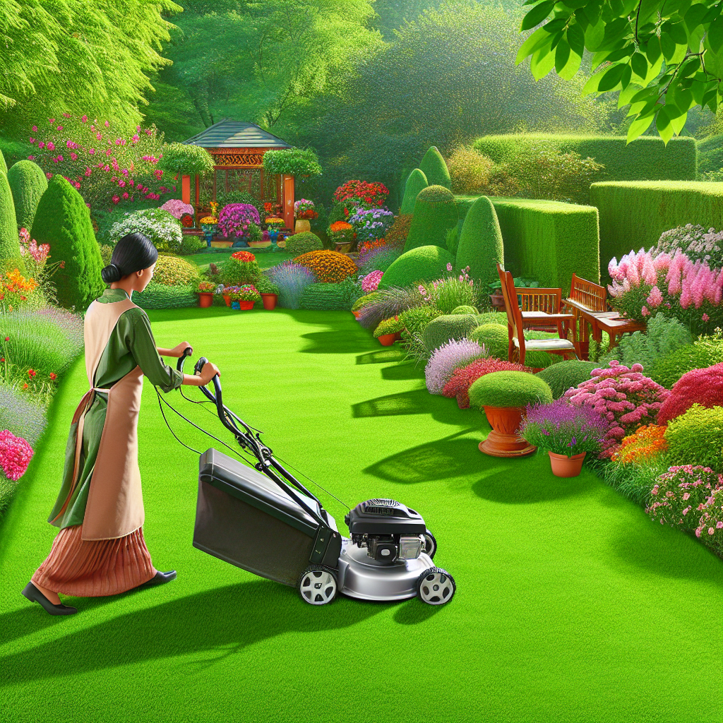 Realistic image of a meticulously maintained lawn with freshly cut grass and a garden in the background.