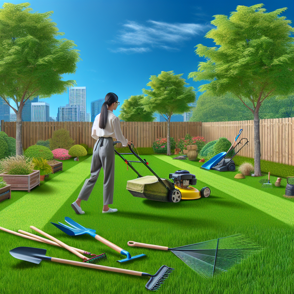 A well-maintained lawn with a person engaged in lawn care activities in a suburban backyard setting.