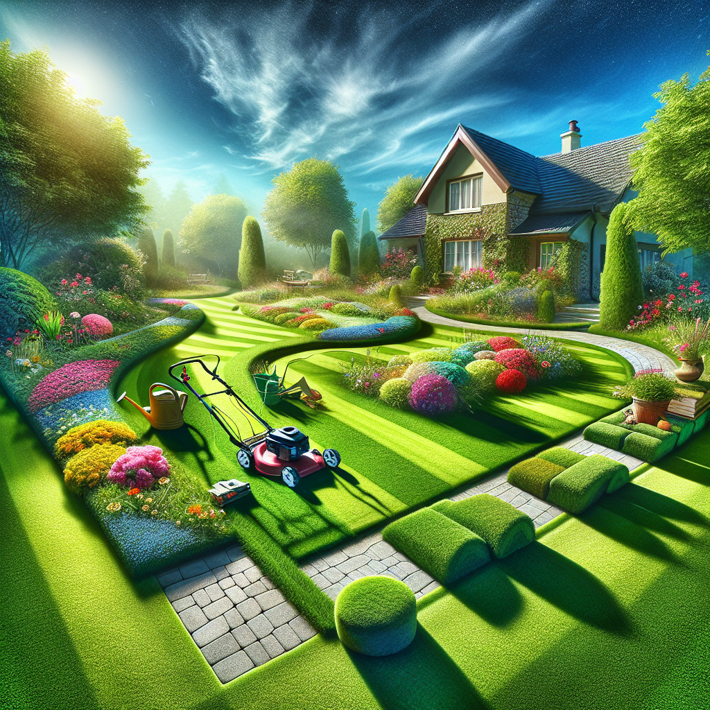 A realistic image of a well-maintained residential lawn in bright daylight.