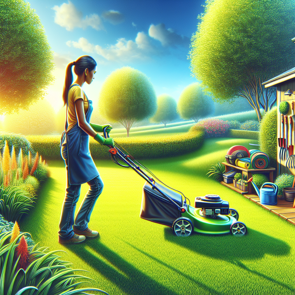 A realistic depiction of a lush green lawn with a gardener performing lawn care tasks.