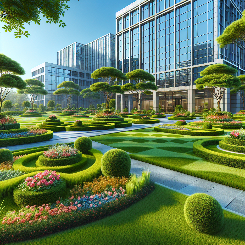 Realistic commercial landscaping with office building, green lawns, pruned bushes, and vibrant flower beds.