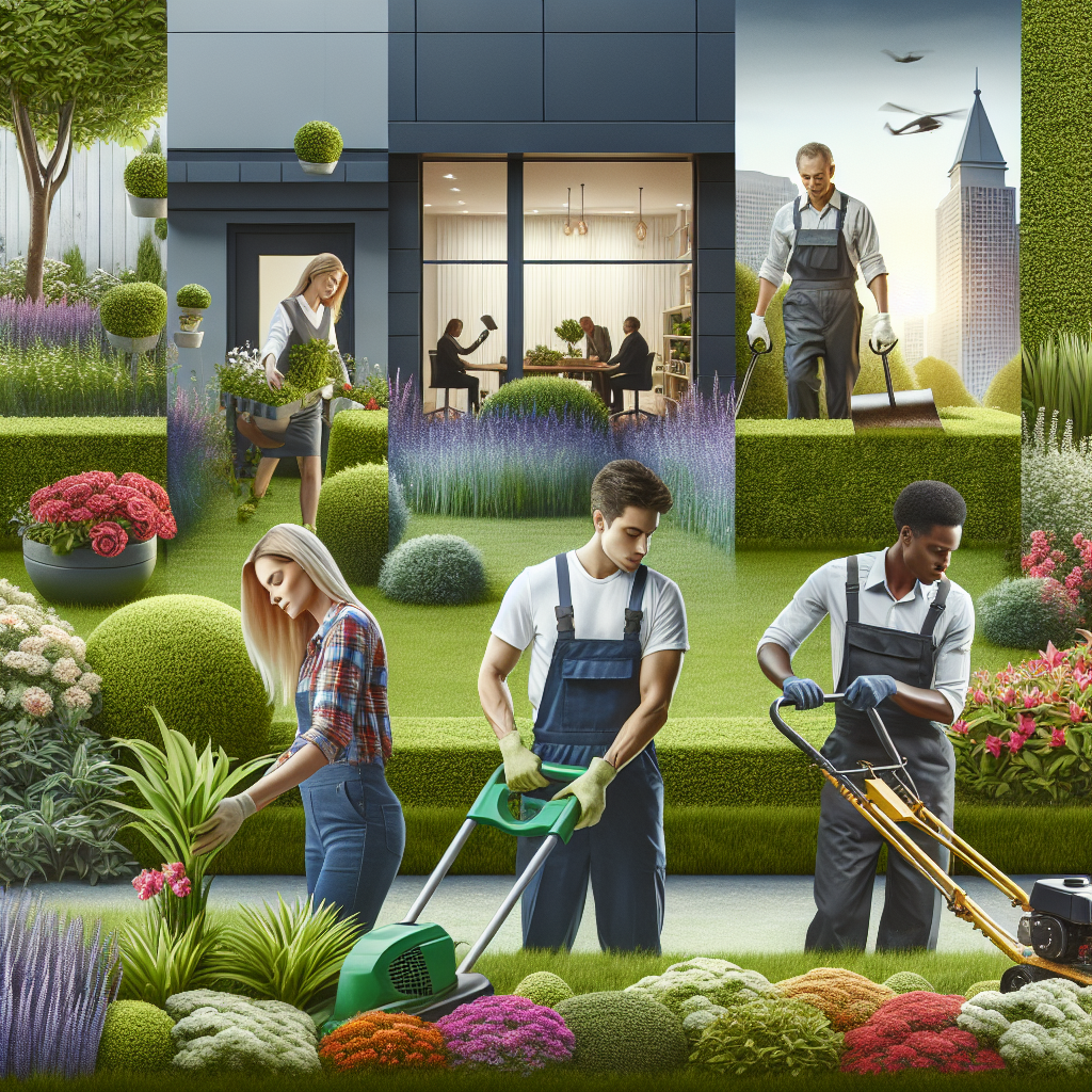 Landscape business profitability depiction with workers and lush greenery.