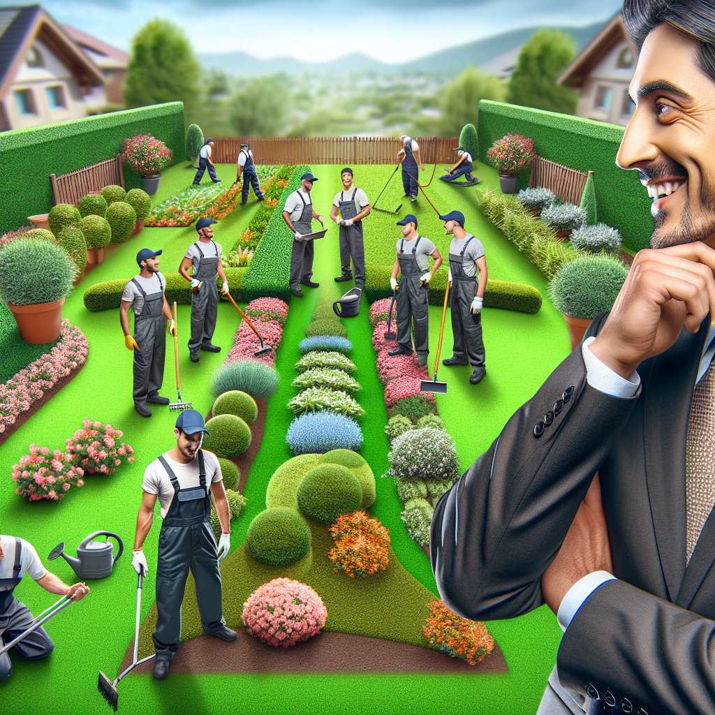 A realistic illustration of a thriving landscaping business with workers, well-maintained gardens, and a satisfied customer.