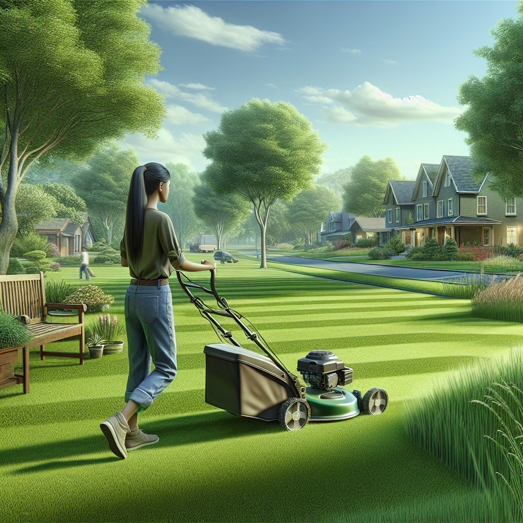 A realistic scene of a person cutting grass in a suburban residential area.