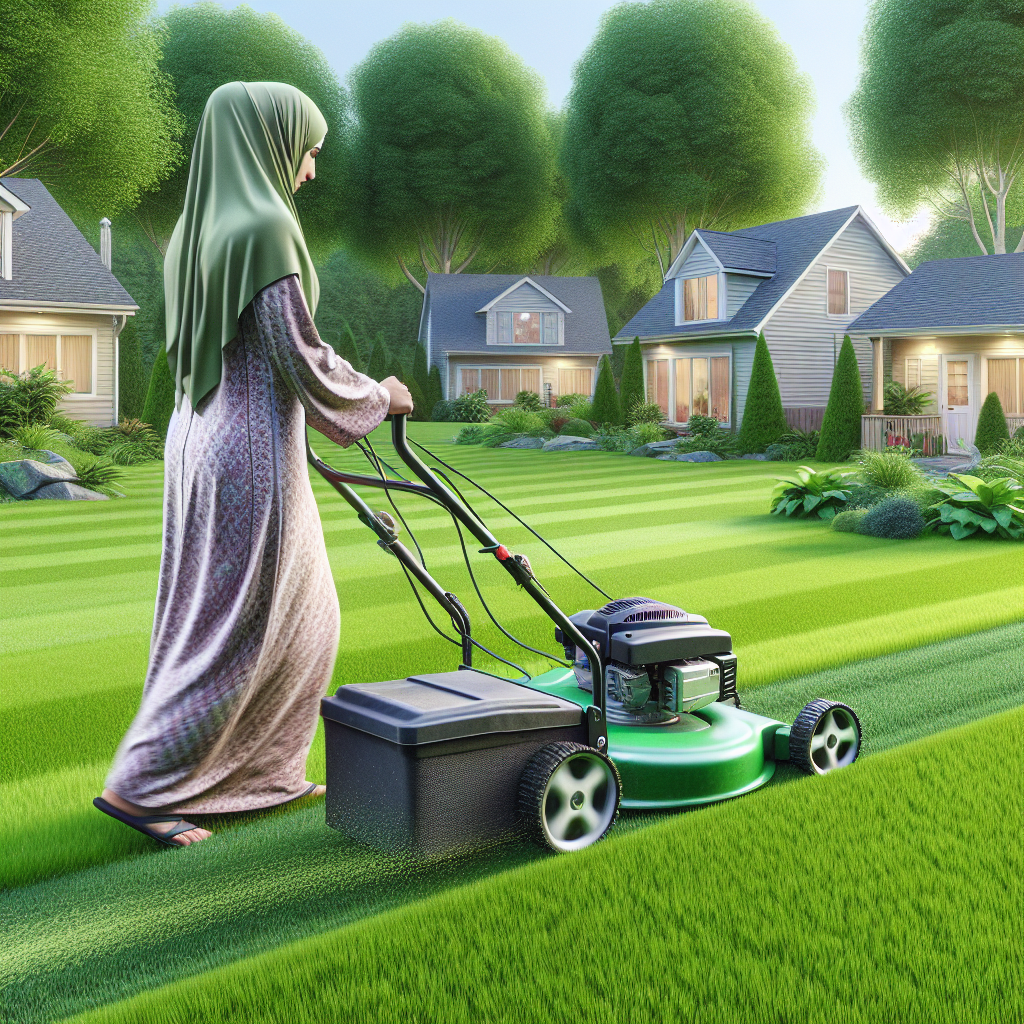 A person mowing a well-manicured lawn in a suburban neighborhood.