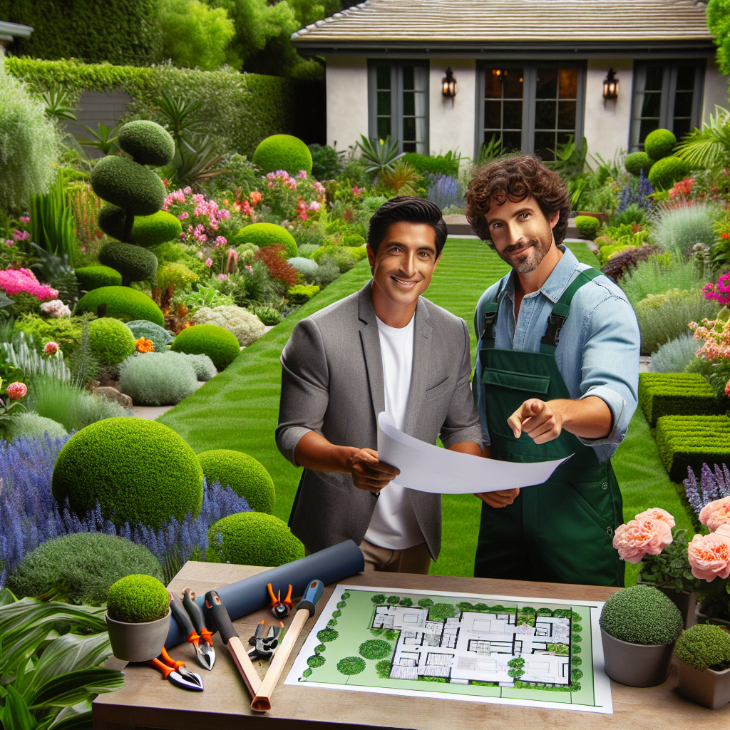 A realistic depiction of landscaping designer costs, showing a professional discussing garden plans with a homeowner in a vibrant, well-maintained garden.