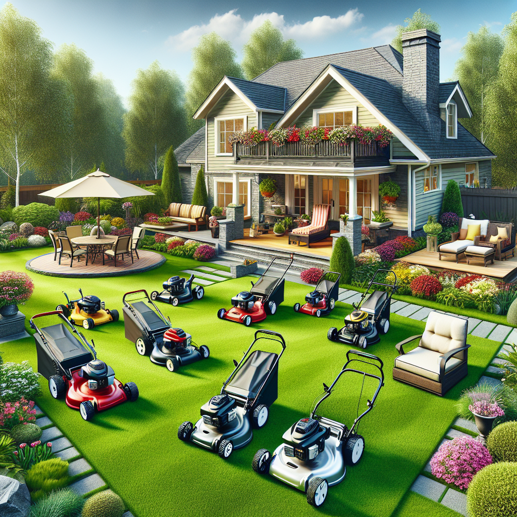 A residential backyard with several lawn mowers on a neatly trimmed lawn, accompanied by flower beds, patio, and garden furniture in a realistic style.