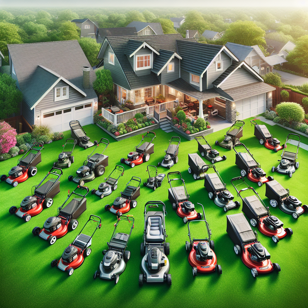 Realistic image of residential lawn mowers on a well-manicured lawn.