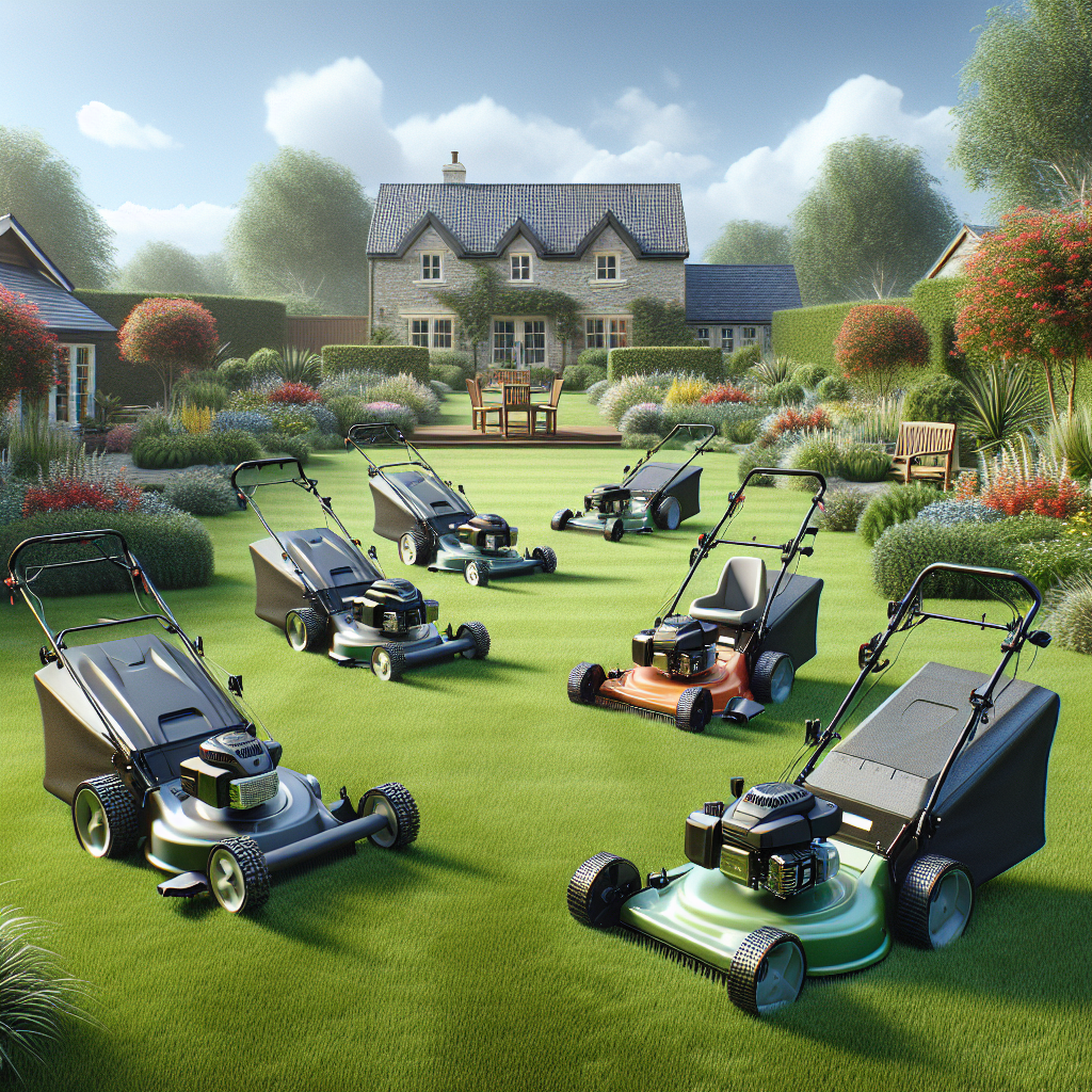 A variety of lawn mowers in a well-maintained residential garden.