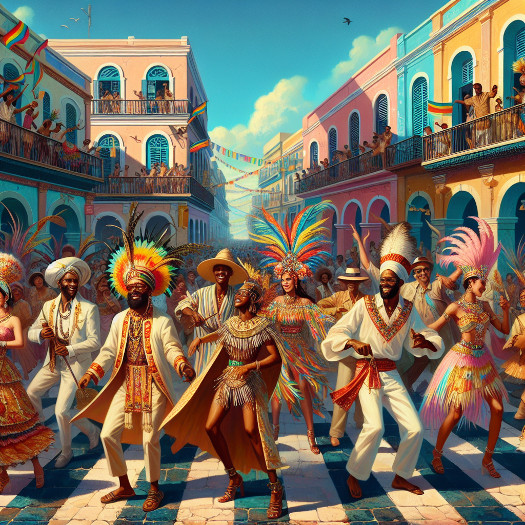 Vibrant street celebration at Nassau's Bay Street with people in festive Junkanoo costumes and pastel-colored buildings.
