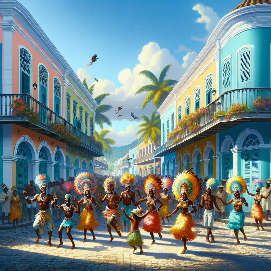 A vibrant street in Nassau with pastel-colored buildings and people celebrating the Junkanoo festival in traditional costumes, dancing to rhythmic music under clear blue skies.
