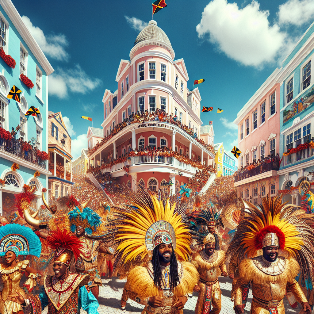 A bustling street scene in Nassain during the Junkanoo festival, with people in colorful costumes and historic buildings in the background.