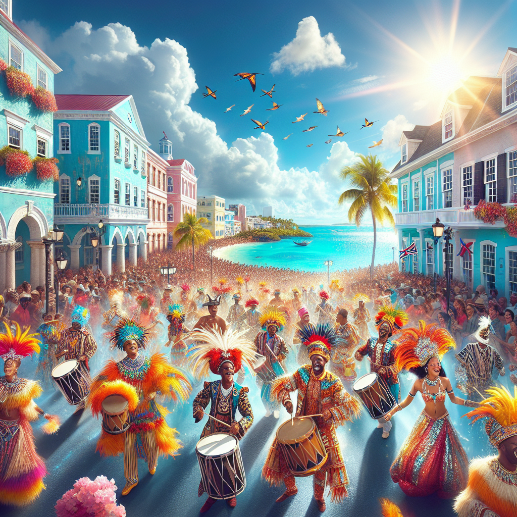 A vibrant street scene during Nassau's Junkanoo festival with people in colorful costumes dancing, set against pastel-colored colonial buildings and the Bahamian ocean.