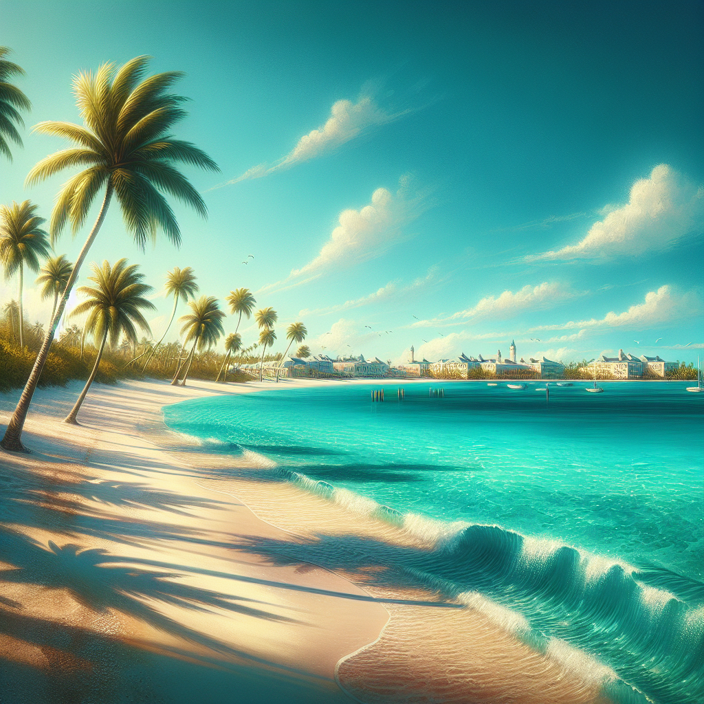 A scenic view of Nassau's shoreline with turquoise waters, white sandy beach and colonial architecture in the distance, under a late afternoon sun.