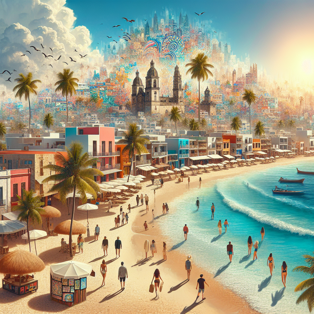 Panoramic view of Nassau's picturesque beaches with locals and colonial architecture under bright sunlight, capturing the vibrant and serene essence of the destination without any text.