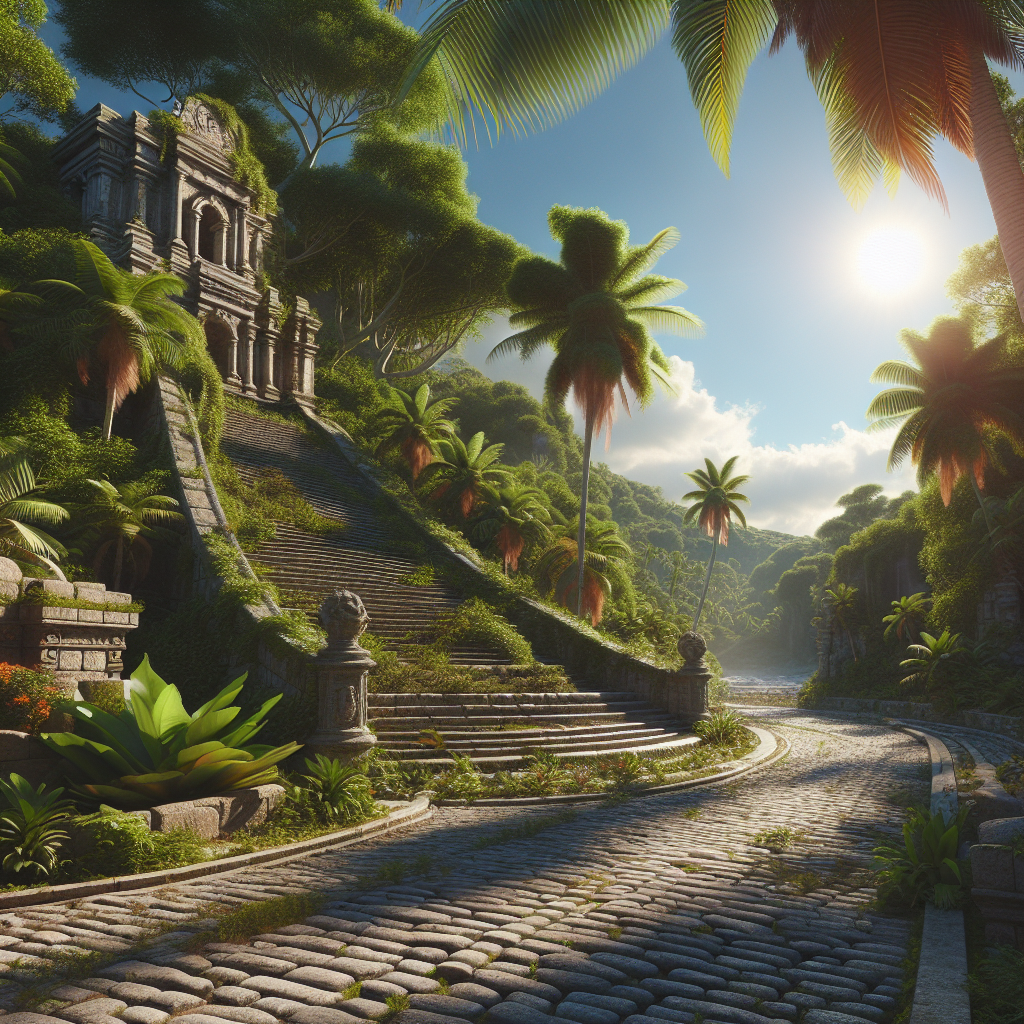 Realistic image of the historic Queen's Staircase in Nassau, Bahamas, surrounded by tropical plants under a clear sunny sky.