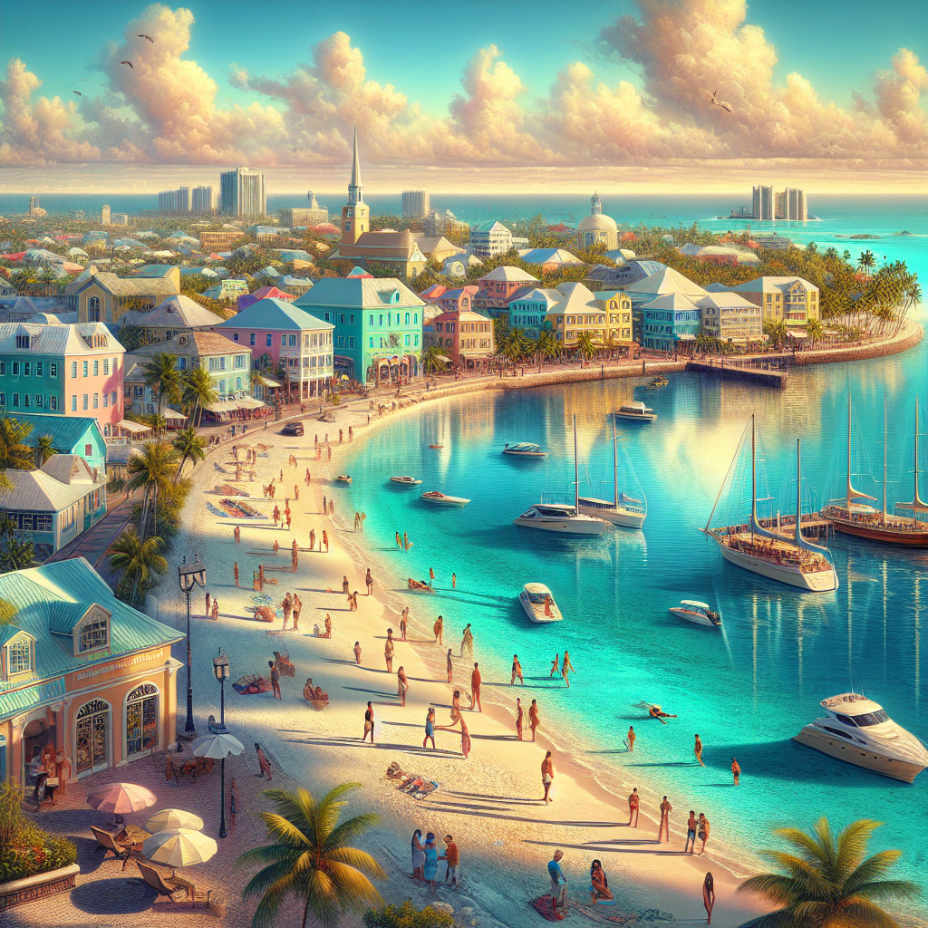 Nassau's coastline featuring a blend of colonial architecture and modern resorts, with a lively harbor, turquoise waters, and a beach scene capturing the essence of the destination.
