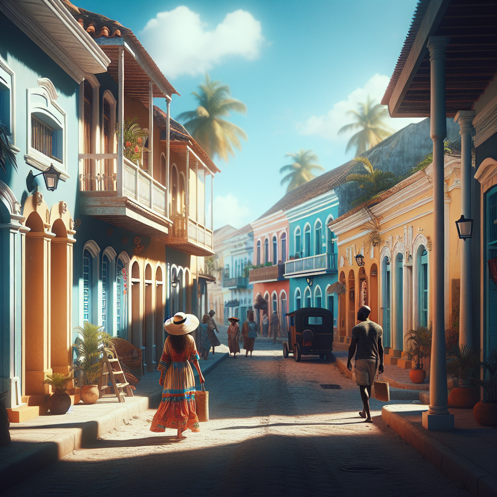 A sunny Bahamian street with colonial architecture and a local market capturing the authentic culture of Nassau.