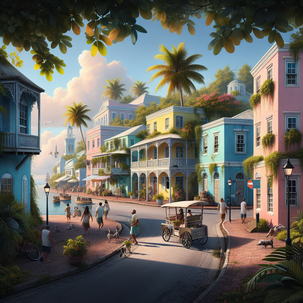 Realistic, vibrant street scene in Nassau showing colonial architecture and Bahamian locals, embodying authentic island life.