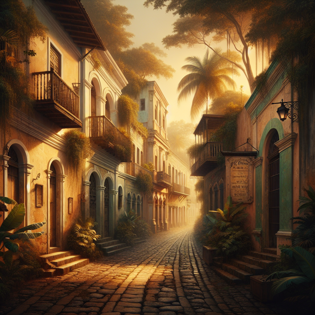 Hidden alley in Nassau with colonial buildings and tropical plants during golden hour.