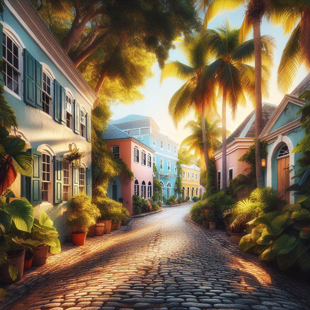 Cobblestone street with pastel-colored colonial buildings and tropical plants in Nassau, under the afternoon sun, with a sign for a local fish fry.