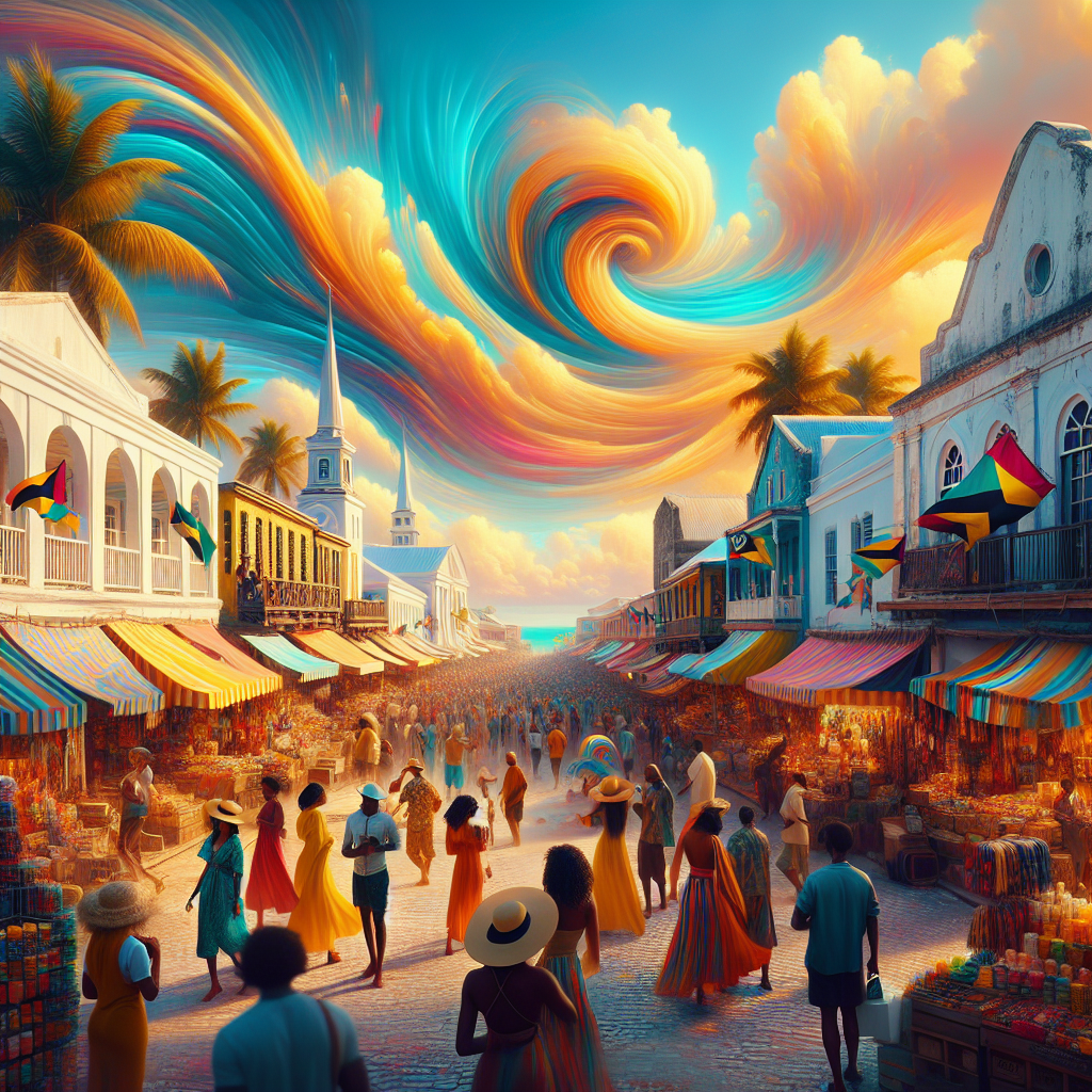 Vibrant street scene in downtown Nassau, Bahamas with locals and tourists at the Straw Market, historical buildings, and a sunset sky.
