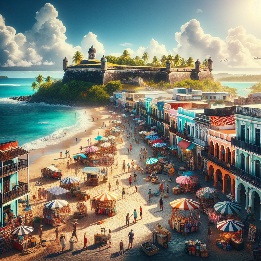 Panoramic view of downtown Nassau, Bahamas with markets, colonial buildings, fort, beach and clear waters, capturing the essence of its culture and tropical environment.