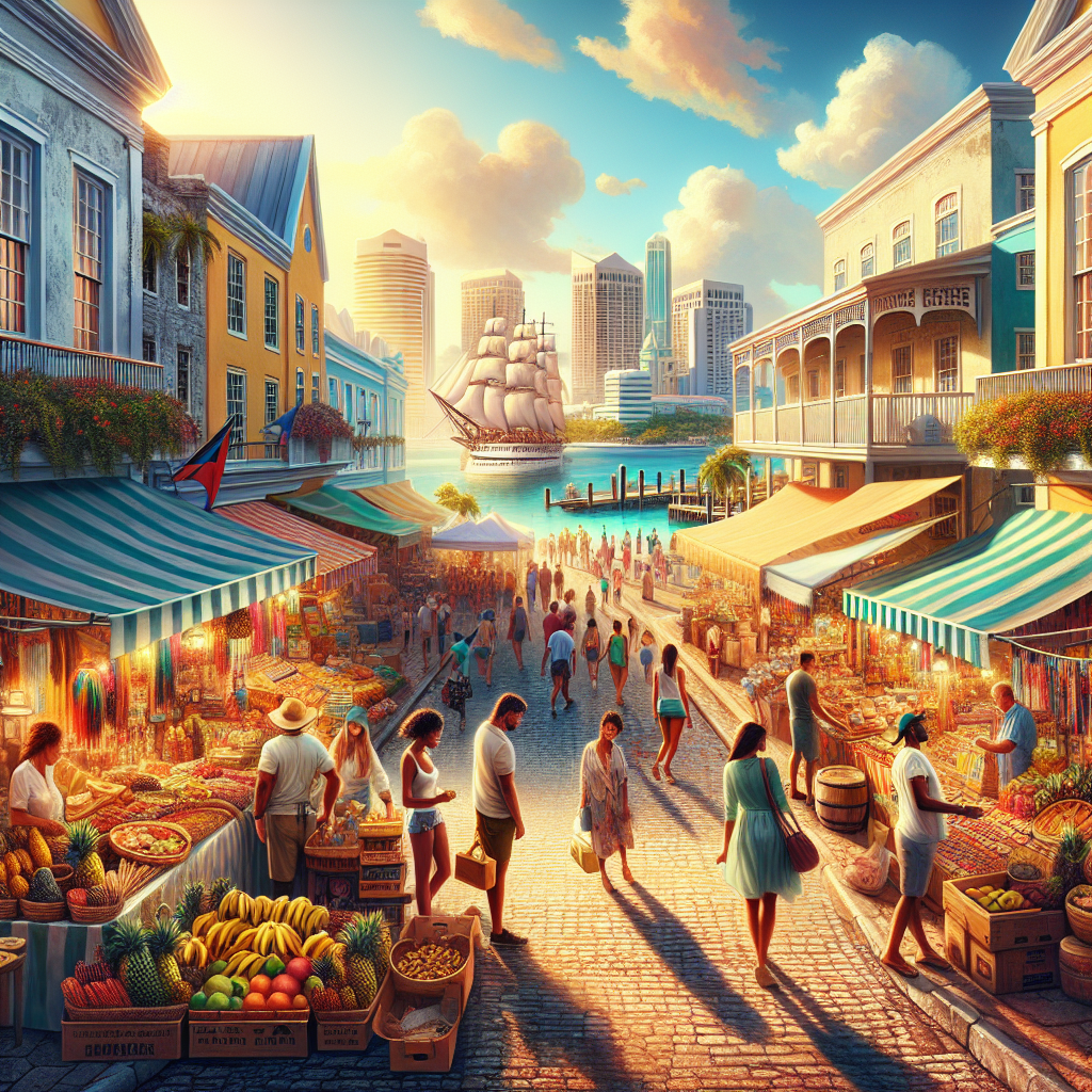 Vibrant downtown street scene in Nassau Bahamas with lively Straw Market and colonial buildings, depicting local culture and history.