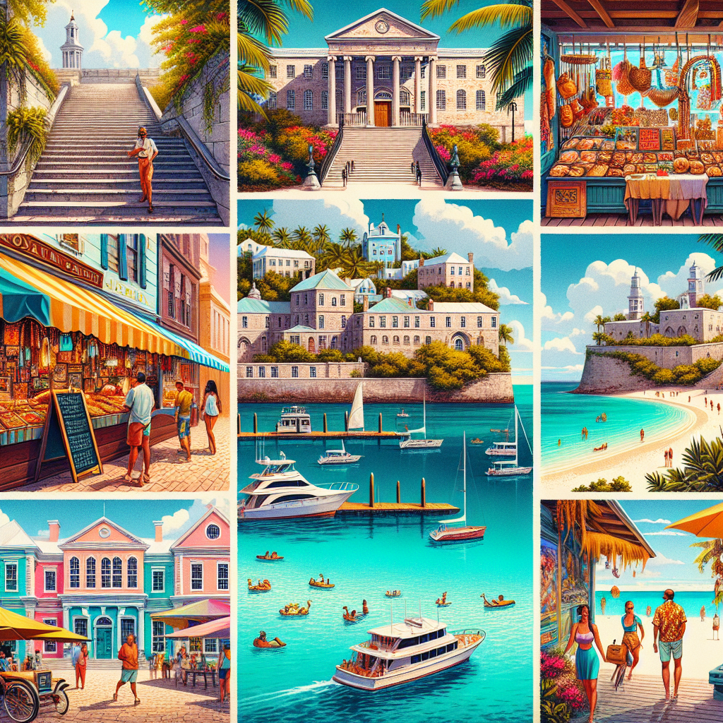 A collage representing Nassau's Queen's Staircase, the Straw Market, a waterfront restaurant, Cable Beach, and the National Art Gallery of The Bahamas on a sunny day.
