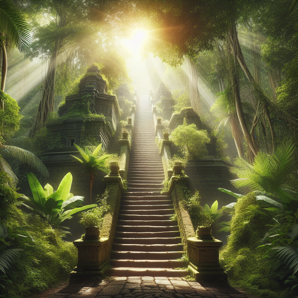 Realistic image of the Queen's Staircase in Nassau surrounded by tropical greenery with a city view from the top.