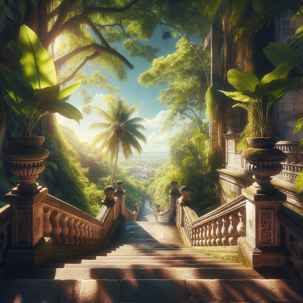 Realistic image of the Queen's Staircase in Nassau surrounded by tropical plants with a panoramic city view from the top, basked in sunlight.