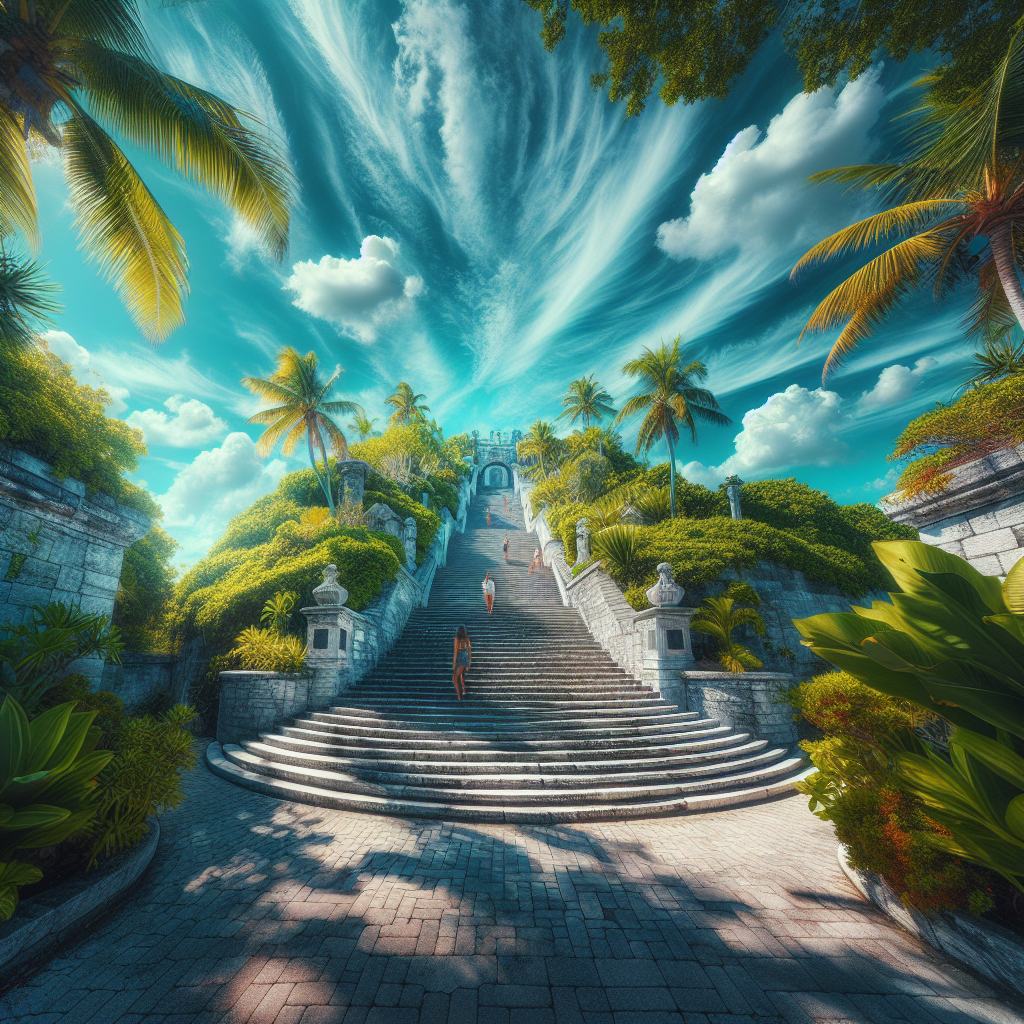 The Queen's Staircase in Nassau, surrounded by tropical plants under a clear blue sky with tourists climbing the steps.