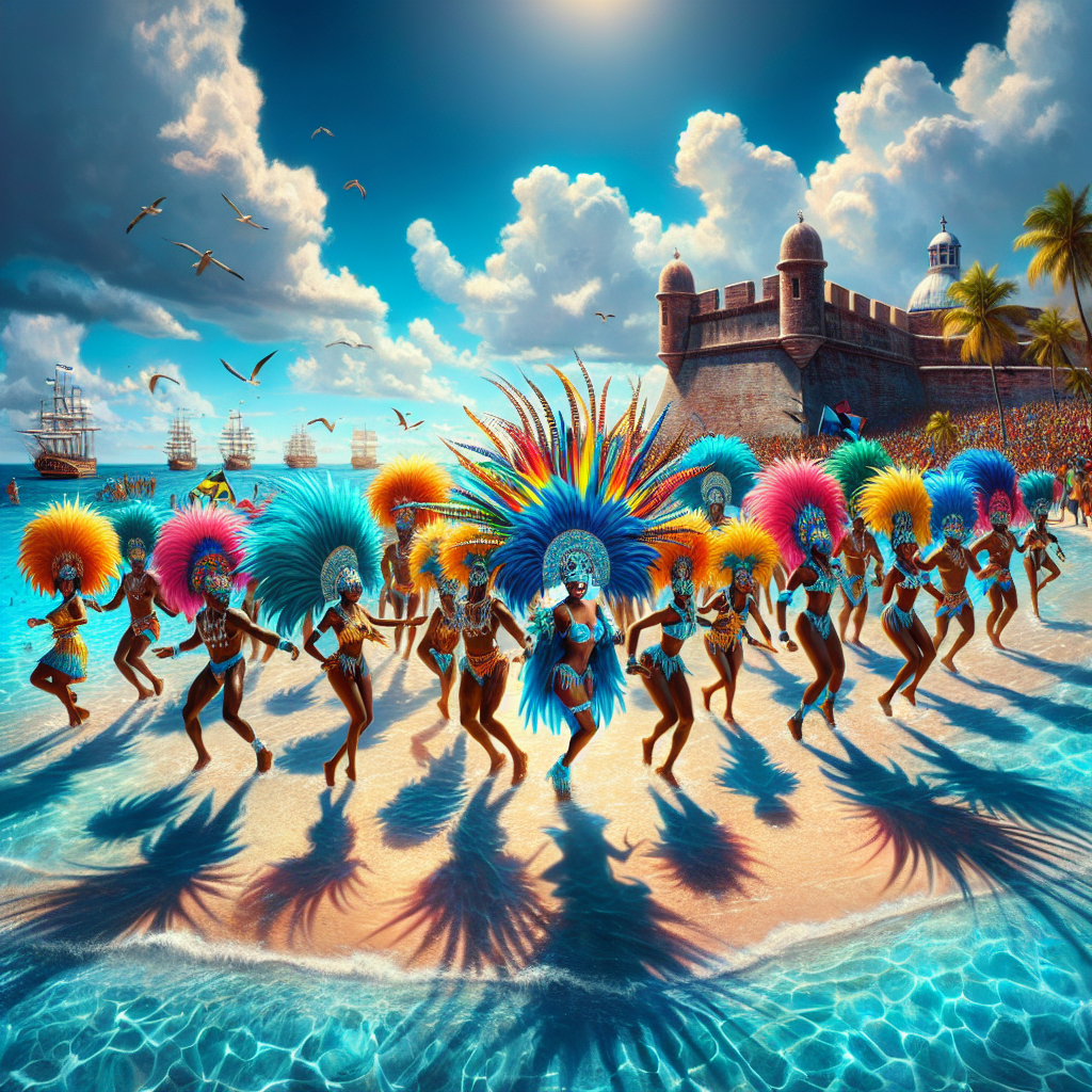 Nassau beach with clear waters and Junkanoo festival participants in colorful attire, near a historical landmark.