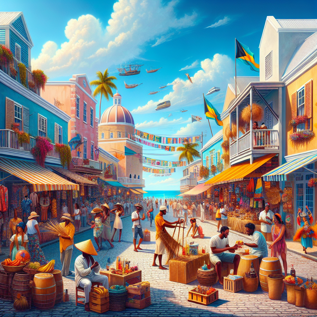 Vibrant Nassau market street scene with colorful stalls and festive people during a sunny weekend, capturing the culture of The Bahamas.