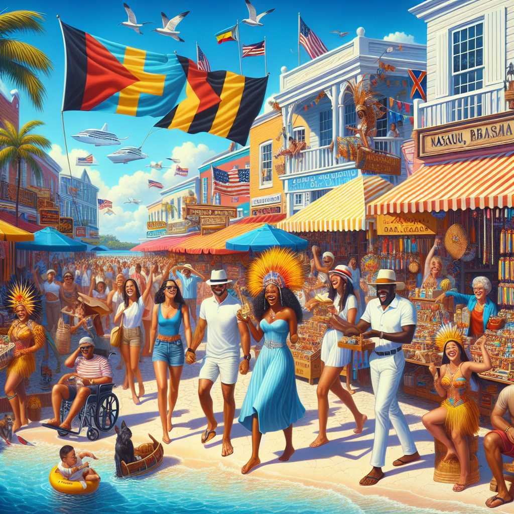 Downtown Nassau, Bahamas on a weekend, with cultural diversity, Straw Market, Bahamian flags, a beach with water sports and sunbathing, and a Junkanoo festival with dancers.