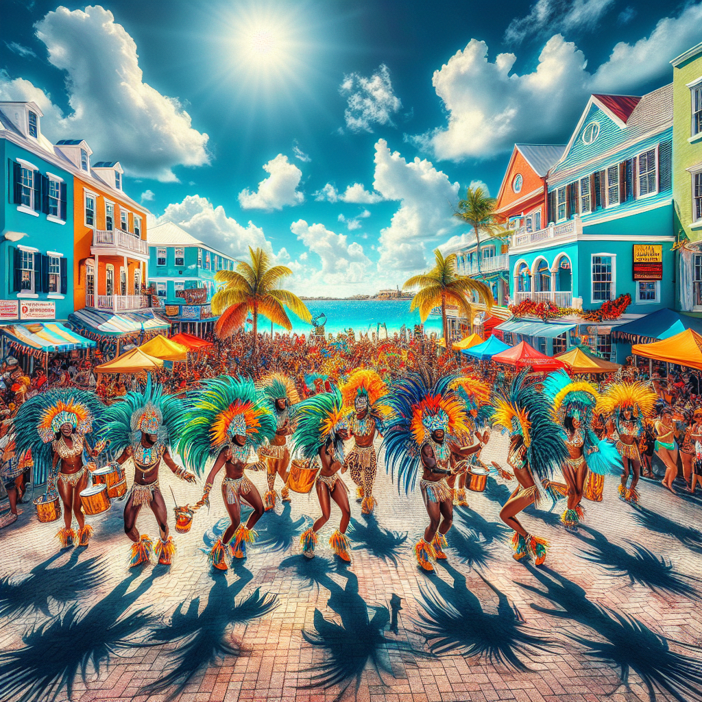 Vibrant street scene in Nassoul during the weekend with Junkanoo dancers, local food vendors, colonial buildings, and Cable Beach in the background.