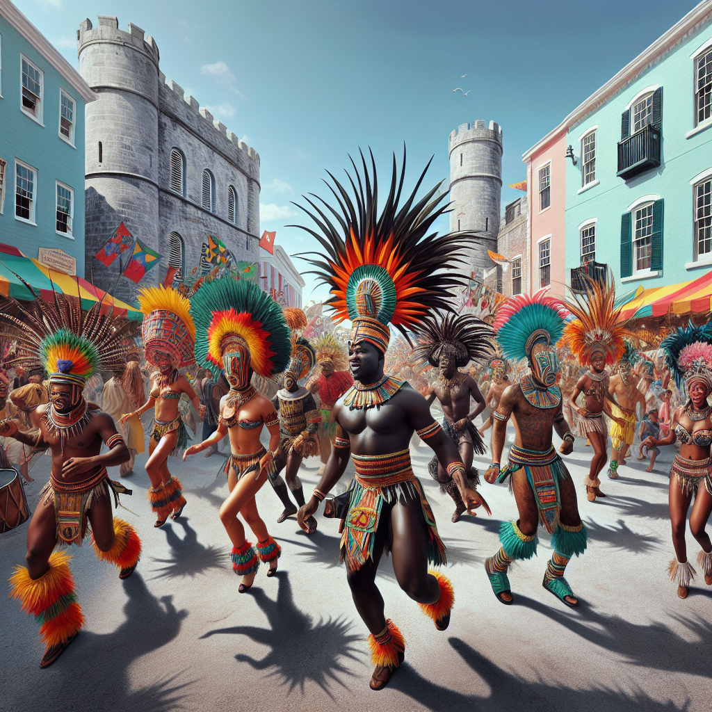 A vibrant street scene in Nassam during the Junkanoo festival with dancers, crowds, and Bahamian stalls.