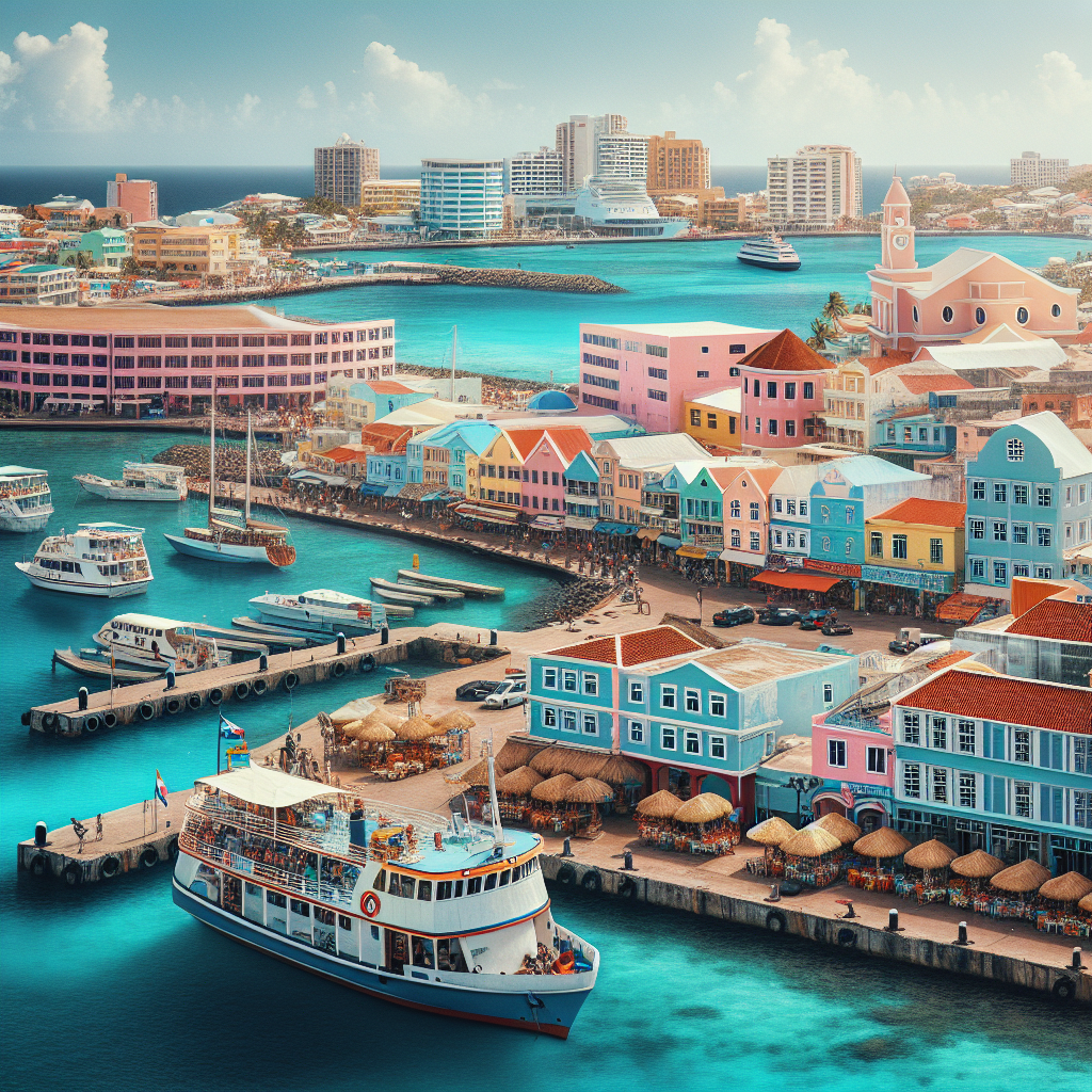 A scenic view of Nassau cityscape from the cruise ship dock, highlighting the harbor, colonial architecture, local crafts, and Bahamian rum on a café table, under clear skies.
