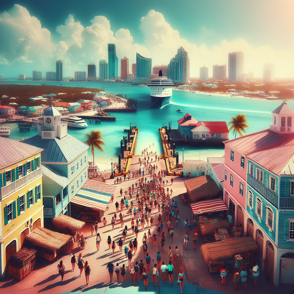 Tourists at Nassau's dock with colonial buildings and Cable Beach in the background under a clear sky in a realistic style without text.