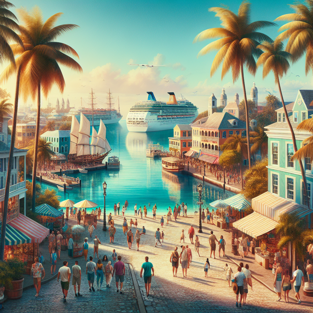 A vibrant and lively port in Nassau with a cruise ship, tourists, and colonial architecture, depicting the city as a gateway to Bahamian adventures.