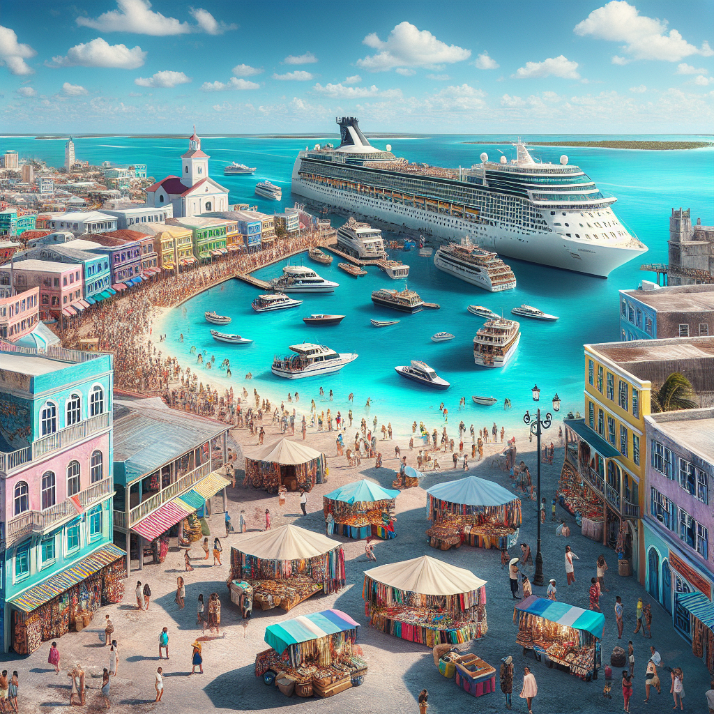 A colorful and bustling Nassau port with cruise ships, colonial buildings, and Cable Beach, conveying adventure and relaxation.