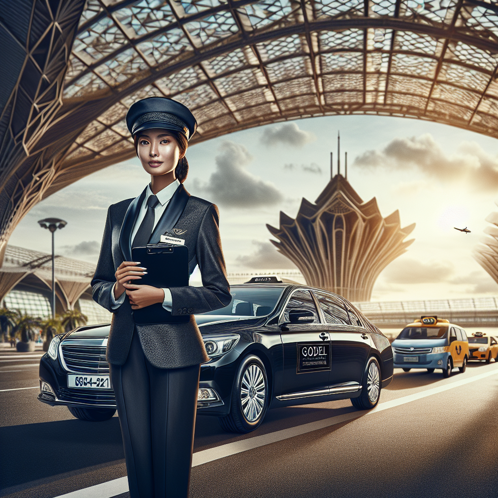 A professional chauffeur next to a luxury black sedan with 'Godel Transportation' on the door, taxi cabs, and a shuttle bus in the background of an airport terminal on a sunny day.