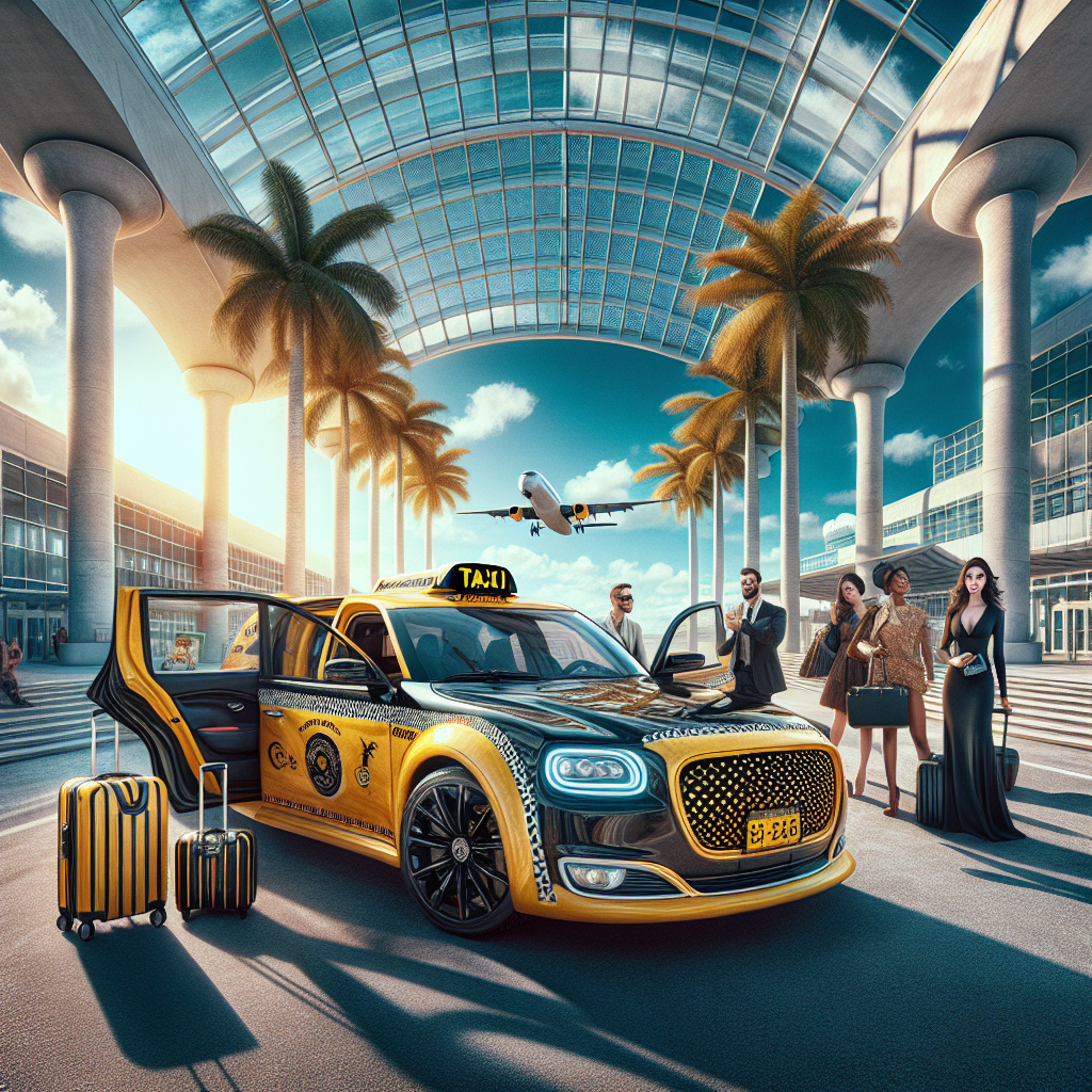 A realistic scene of passengers at Lynden Pindling International Airport preparing to board a yellow and black taxi with a luxury private car and driver on the side.