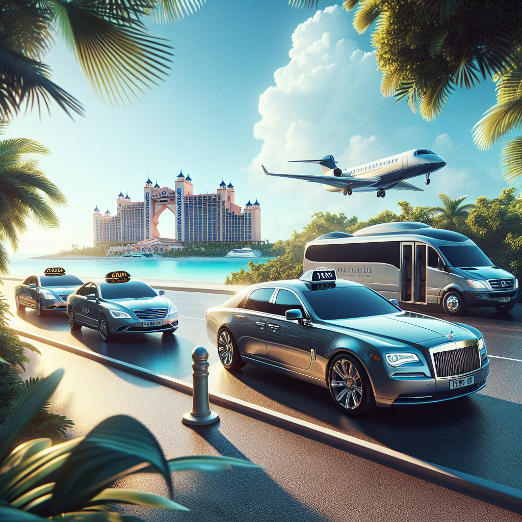 Transportation options at Nassau Airport with a view of Atlantis resort in the distance.