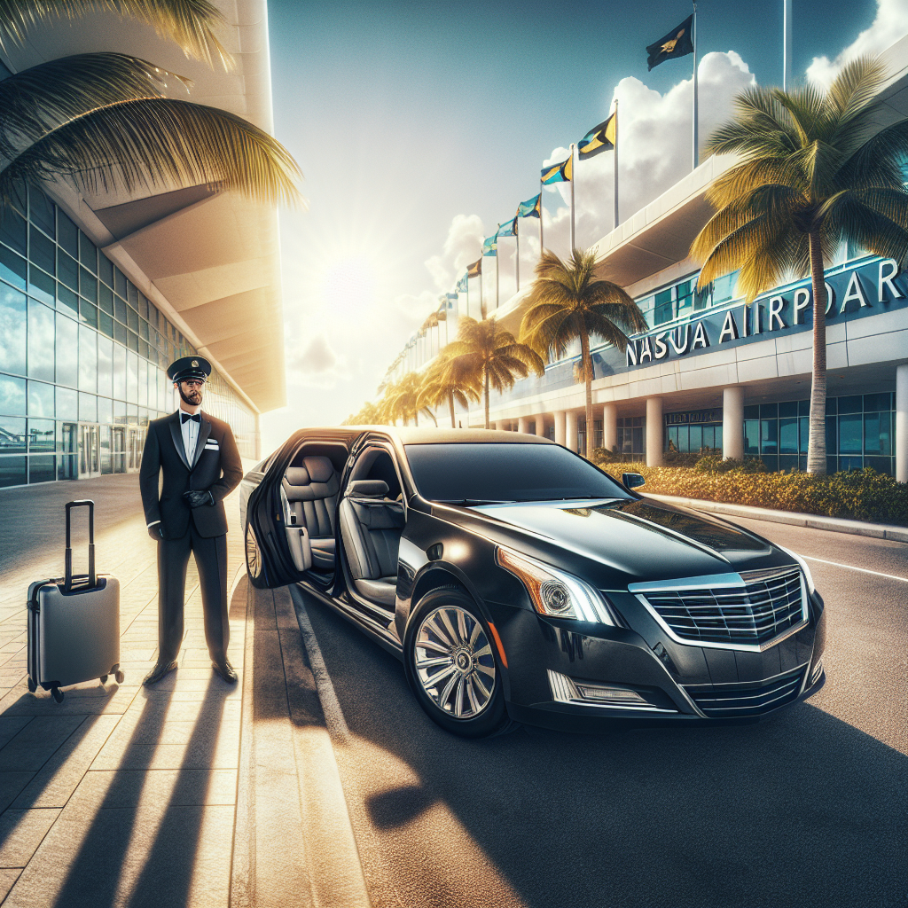 A private luxury limousine service waiting at Nassau Airport with a chauffeur, reflecting a high-end travel experience in the Bahamas.