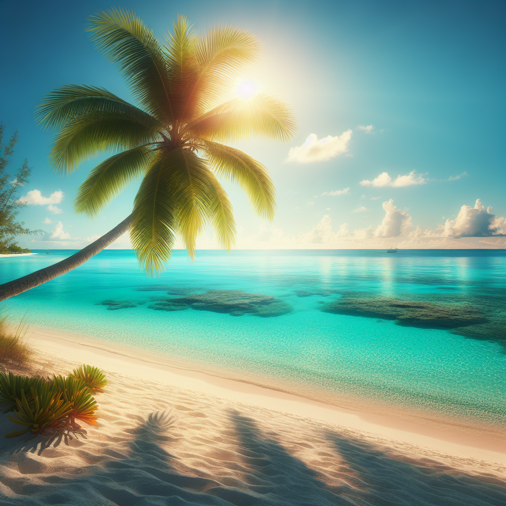 A pristine Bahamian beach with white sands, clear turquoise waters, a palm tree, and visible coral reefs under a sunny sky.